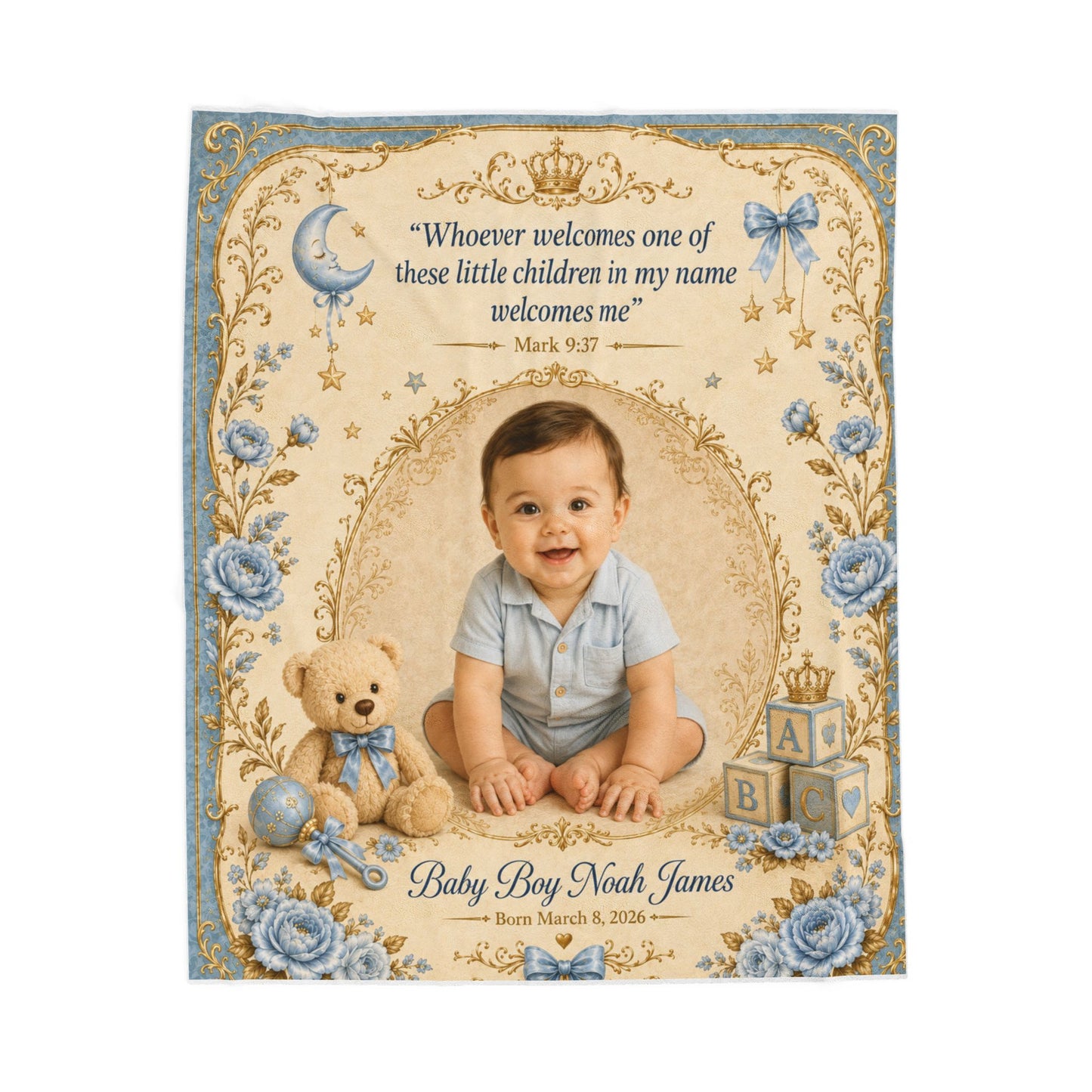Personalized Photo Velveteen Blanket — Baby Boy Custom Name & Date with Scripture Mark 9:37