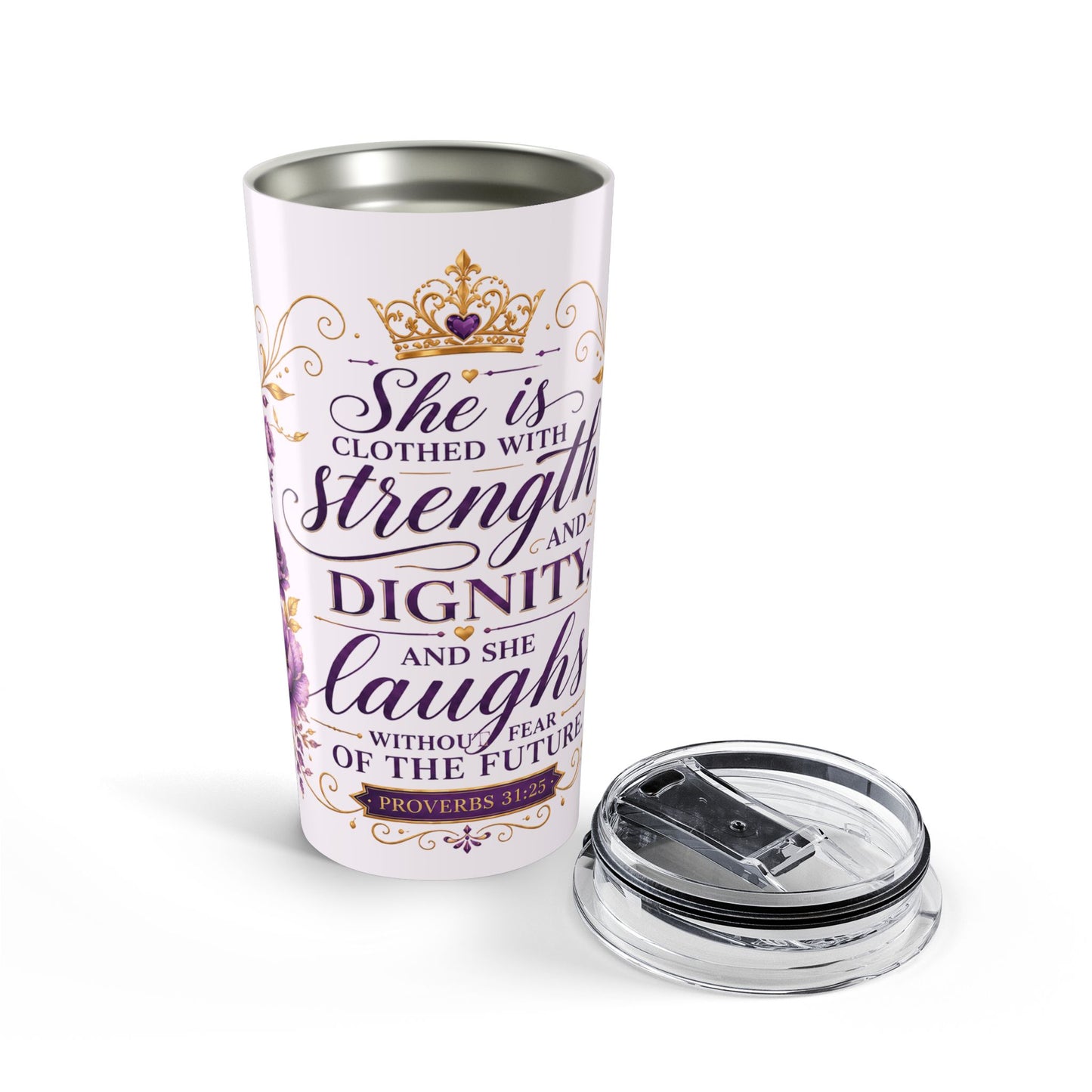 Purple - 20oz Inspirational Tumbler — "She Is Clothed with Strength and Dignity" Christian Verse Travel Mug