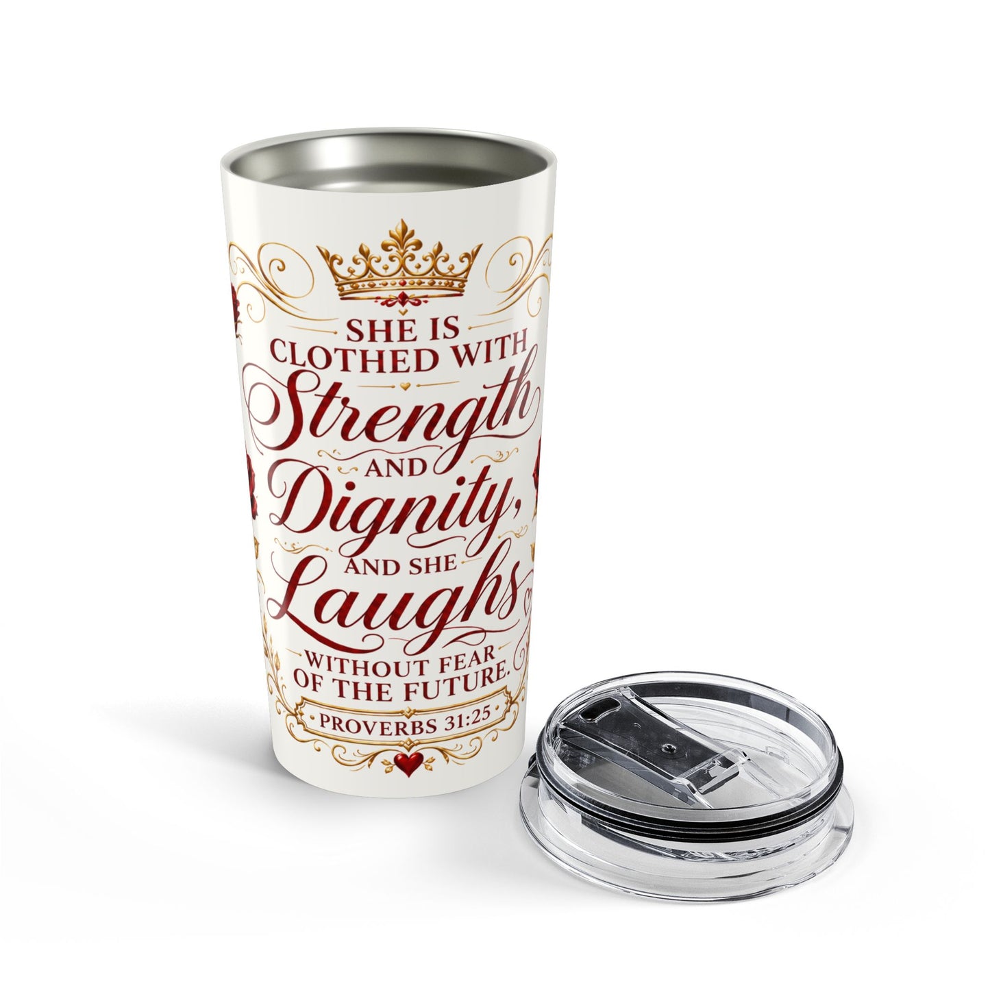Red 20oz Inspirational Tumbler — "She Is Clothed with Strength and Dignity" Christian Verse Travel Mug