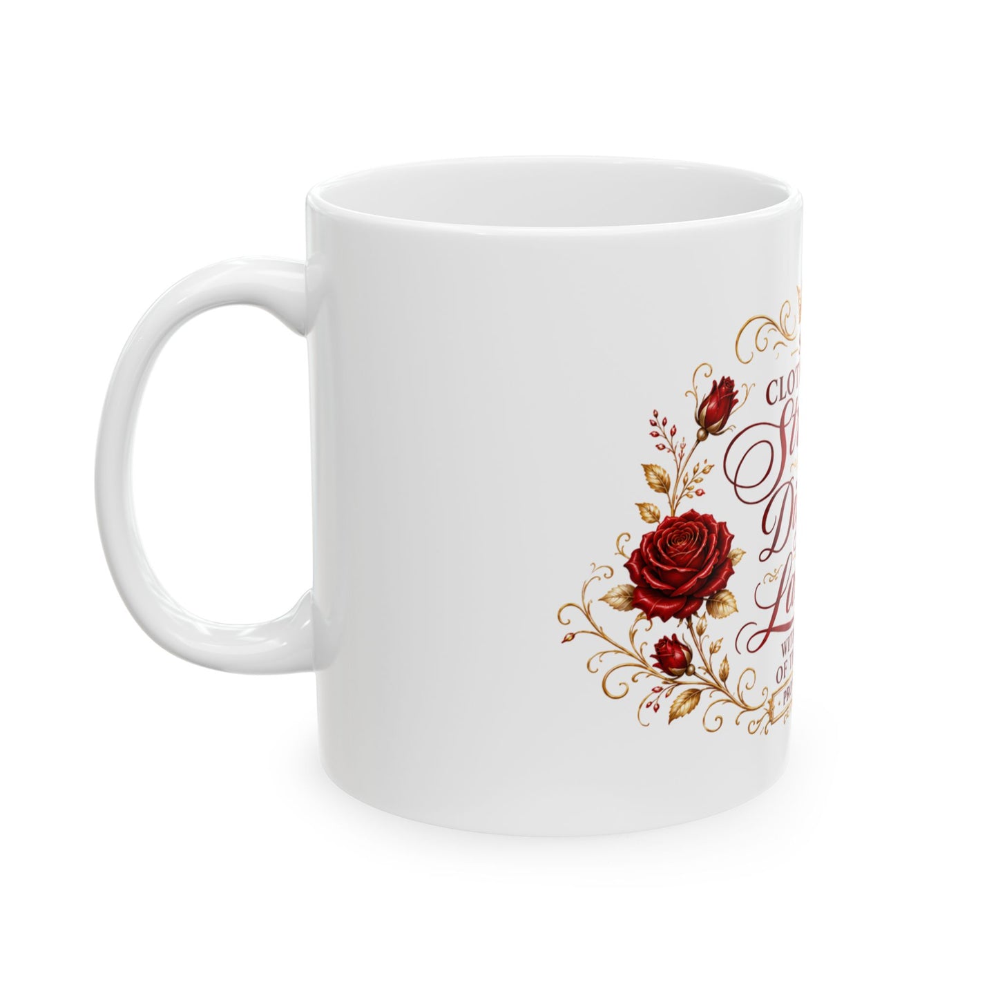 Red She Is Clothed with Strength & Dignity Ceramic Mug – Proverbs 31 Inspirational Coffee Cup