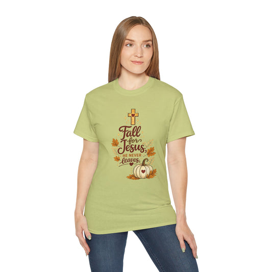 Fall for Jesus Tee — He Never Leaves Autumn Christian T-Shirt