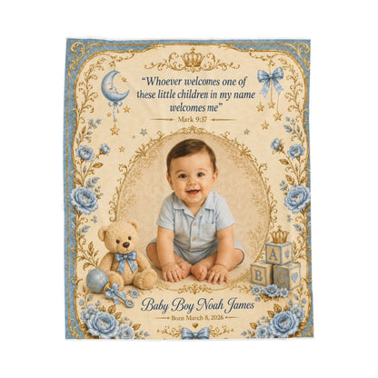 Personalized Photo Velveteen Blanket — Baby Boy Custom Name & Date with Scripture Mark 9:37