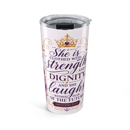 Purple - 20oz Inspirational Tumbler — "She Is Clothed with Strength and Dignity" Christian Verse Travel Mug