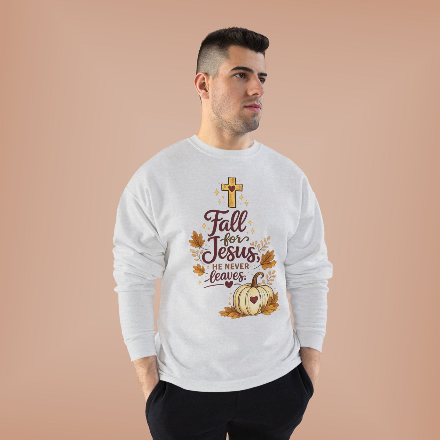 Christian Fall Sweatshirt — "Fall for Jesus He Never Leaves" Crewneck