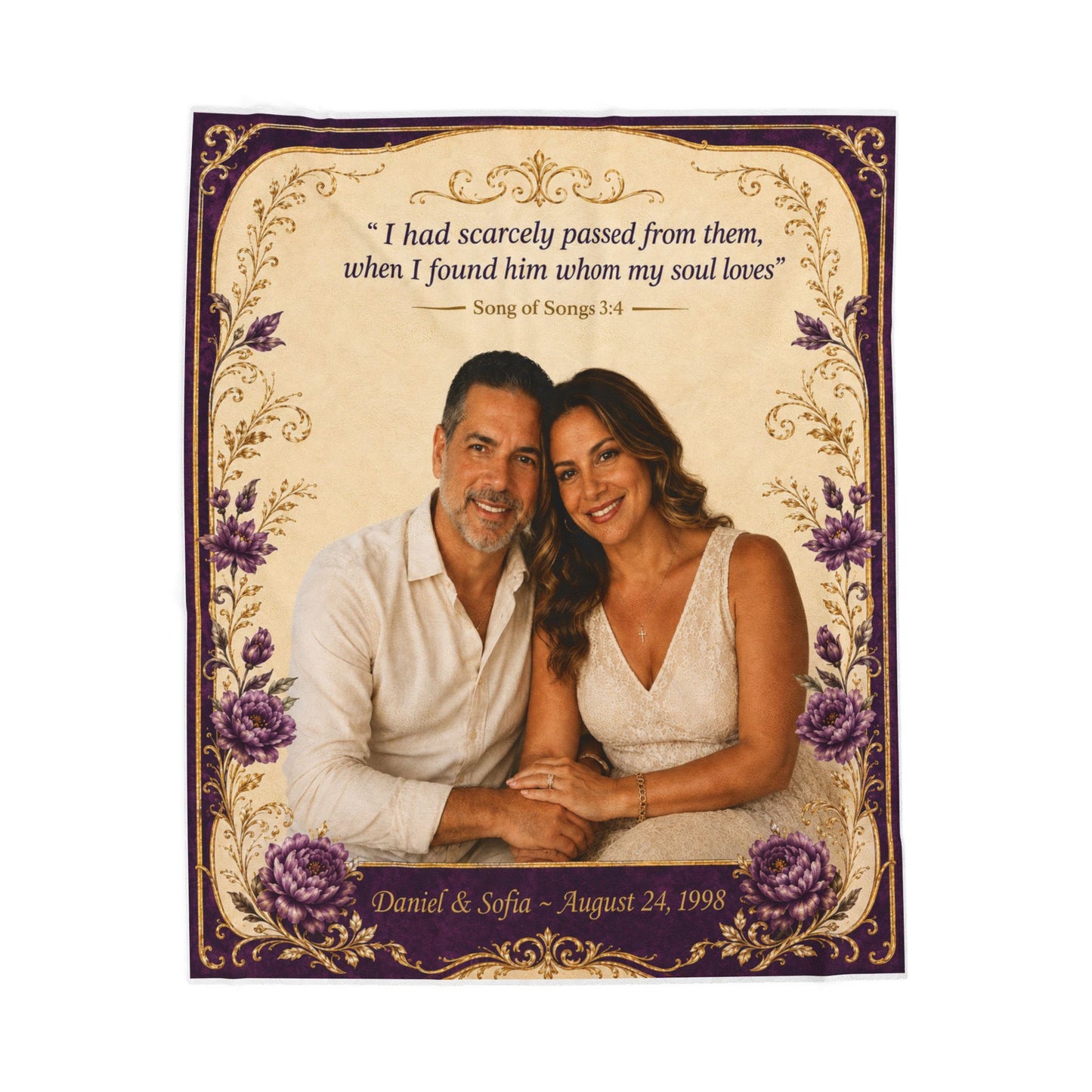 Personalized Photo Velveteen Blanket — Custom Name & Date with Song of Songs 3:4 Scripture