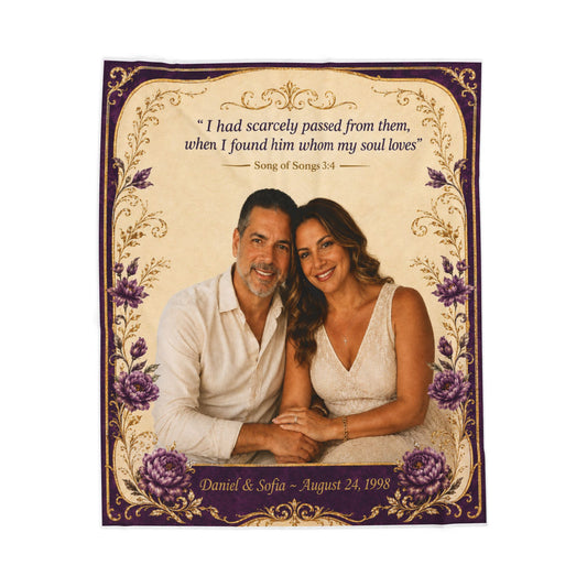 Personalized Photo Velveteen Blanket — Custom Name & Date with Song of Songs 3:4 Scripture