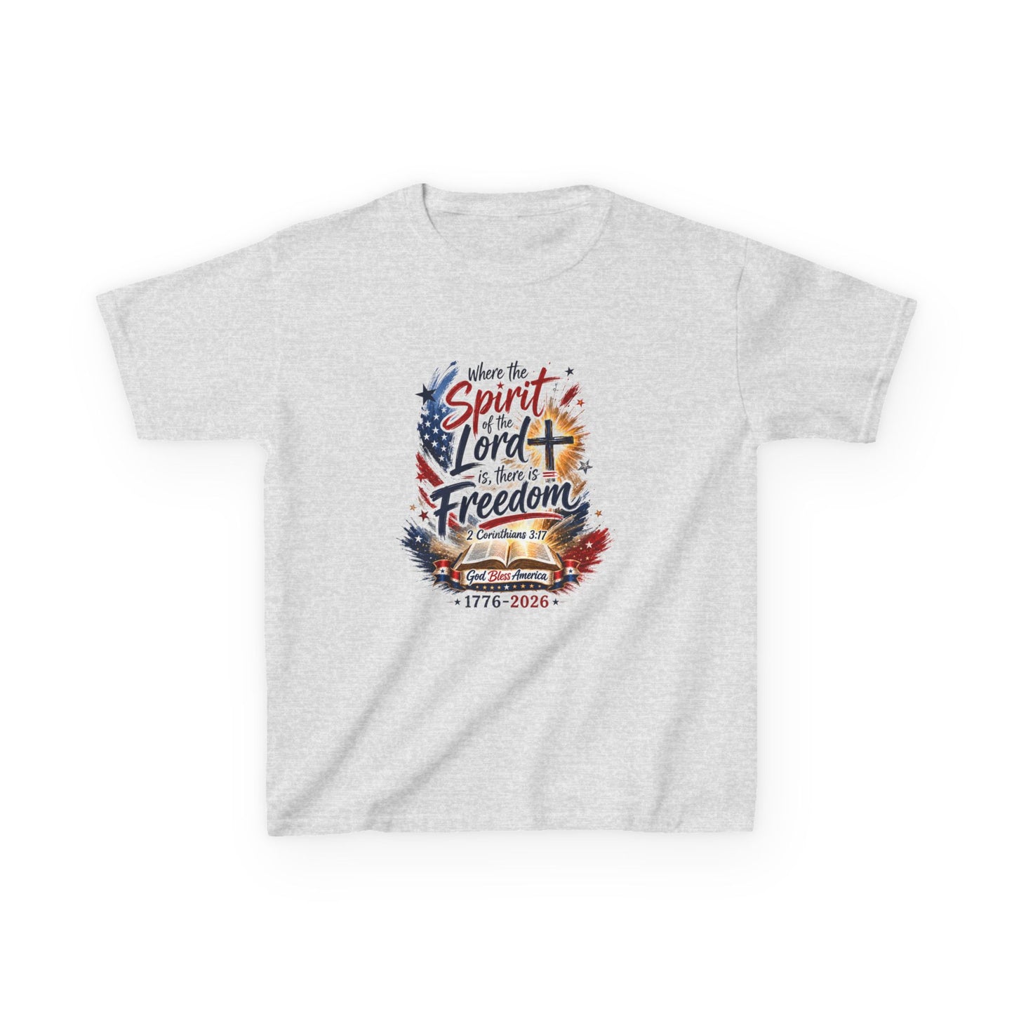 Kids Tee — "Where the Spirit of the Lord + Freedom" Patriotic Christian 4th of July Shirt