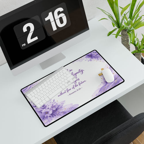 Purple Floral Christian Desk Mat — “She is clothed in strength and dignity” (Proverbs 31:25)