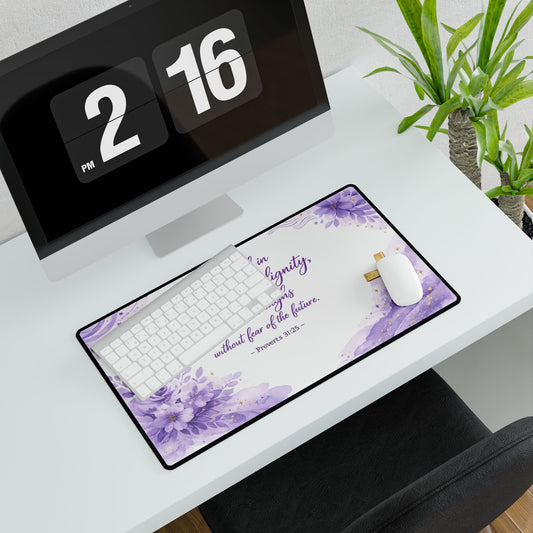 Purple Floral Christian Desk Mat — “She is clothed in strength and dignity” (Proverbs 31:25)