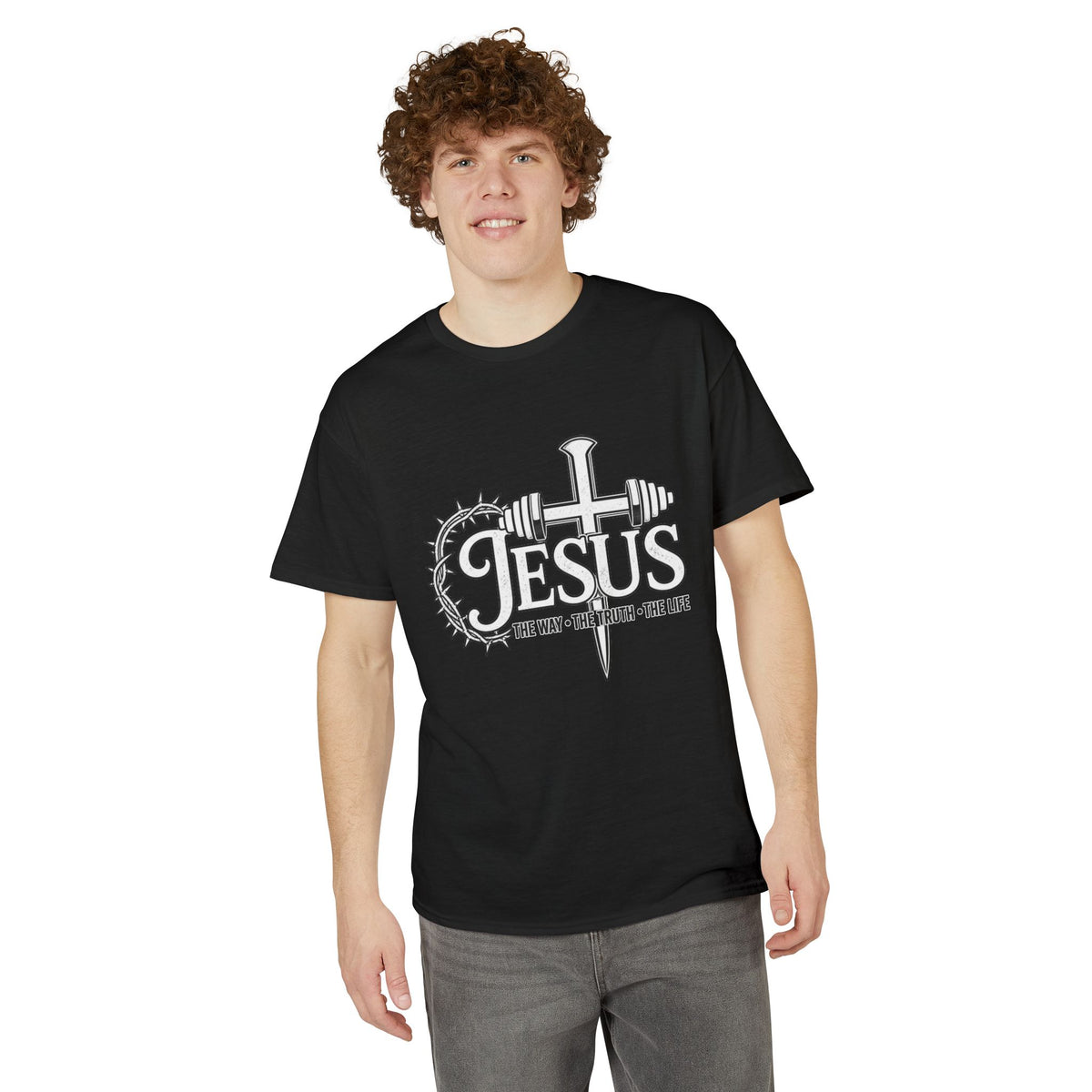 Jesus Cross & Barbell T-Shirt — "The Way • The Truth • The Life" Christian Fitness Tee