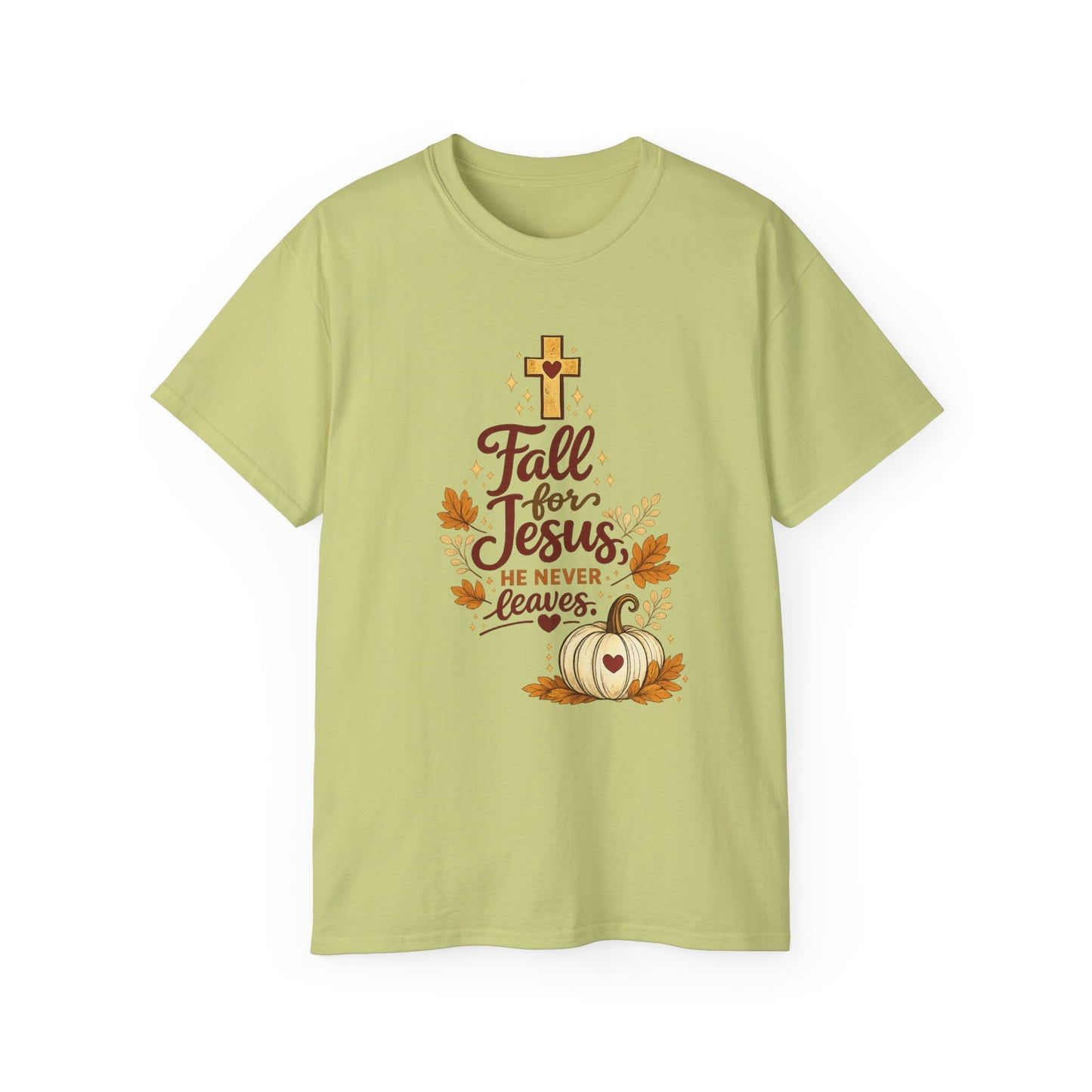 Fall for Jesus Tee — He Never Leaves Autumn Christian T-Shirt