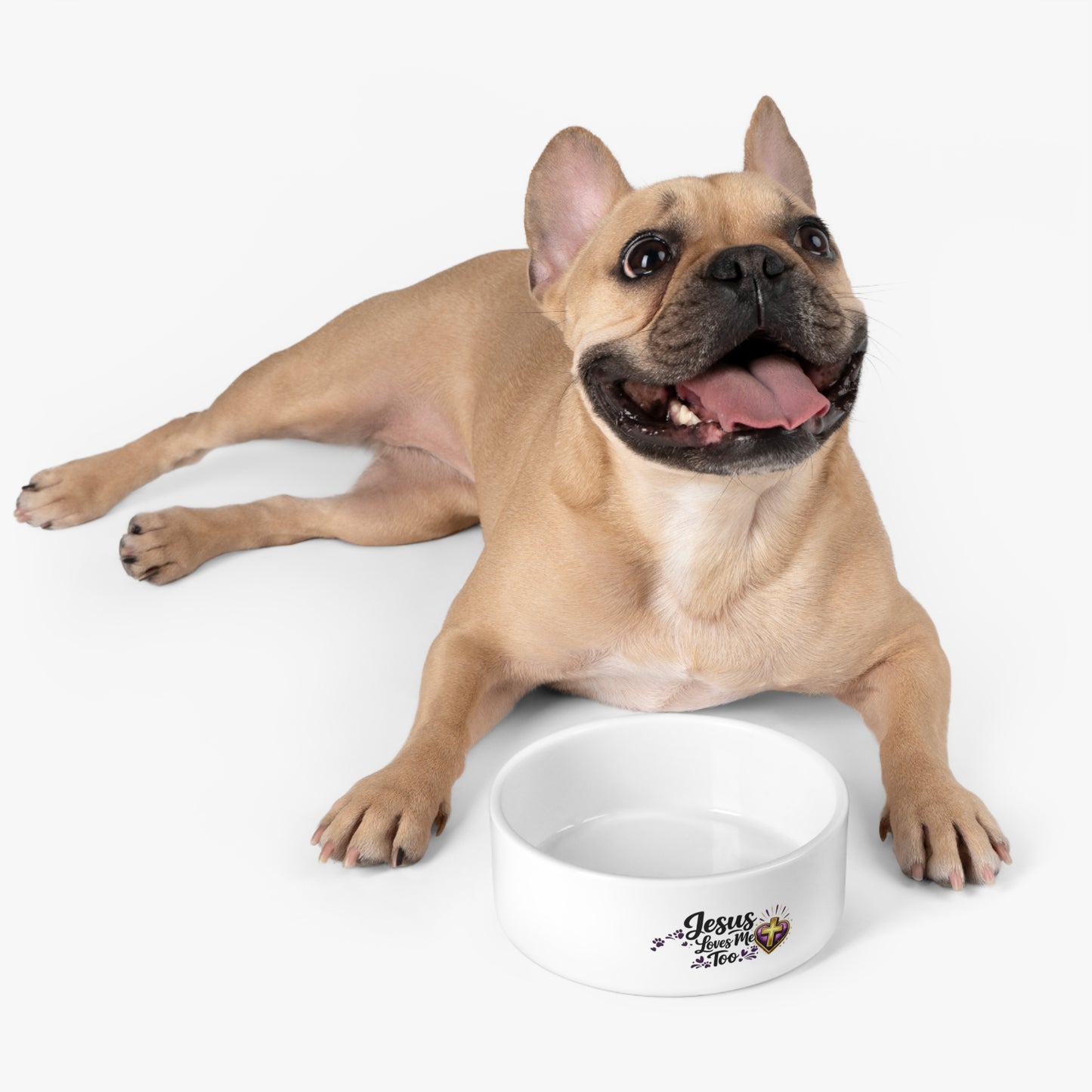 Pet Bowl — "Jesus Loves Me Too" Christian Dog/Cat Food Bowl (Heart & Cross Design)