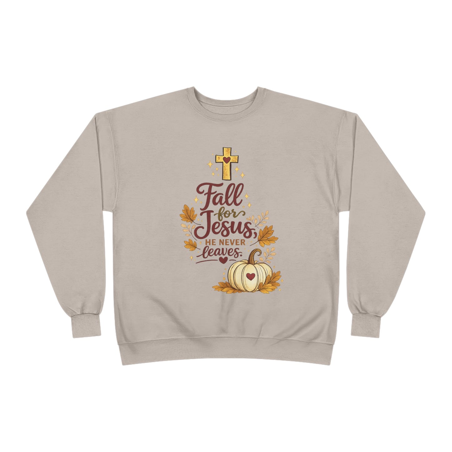 Christian Fall Sweatshirt — "Fall for Jesus He Never Leaves" Crewneck