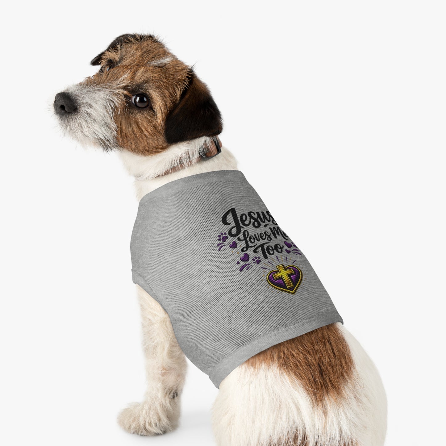 Pet Tank: "Jesus Loves Me Too" Christian Dog Shirt with Cross Heart Design