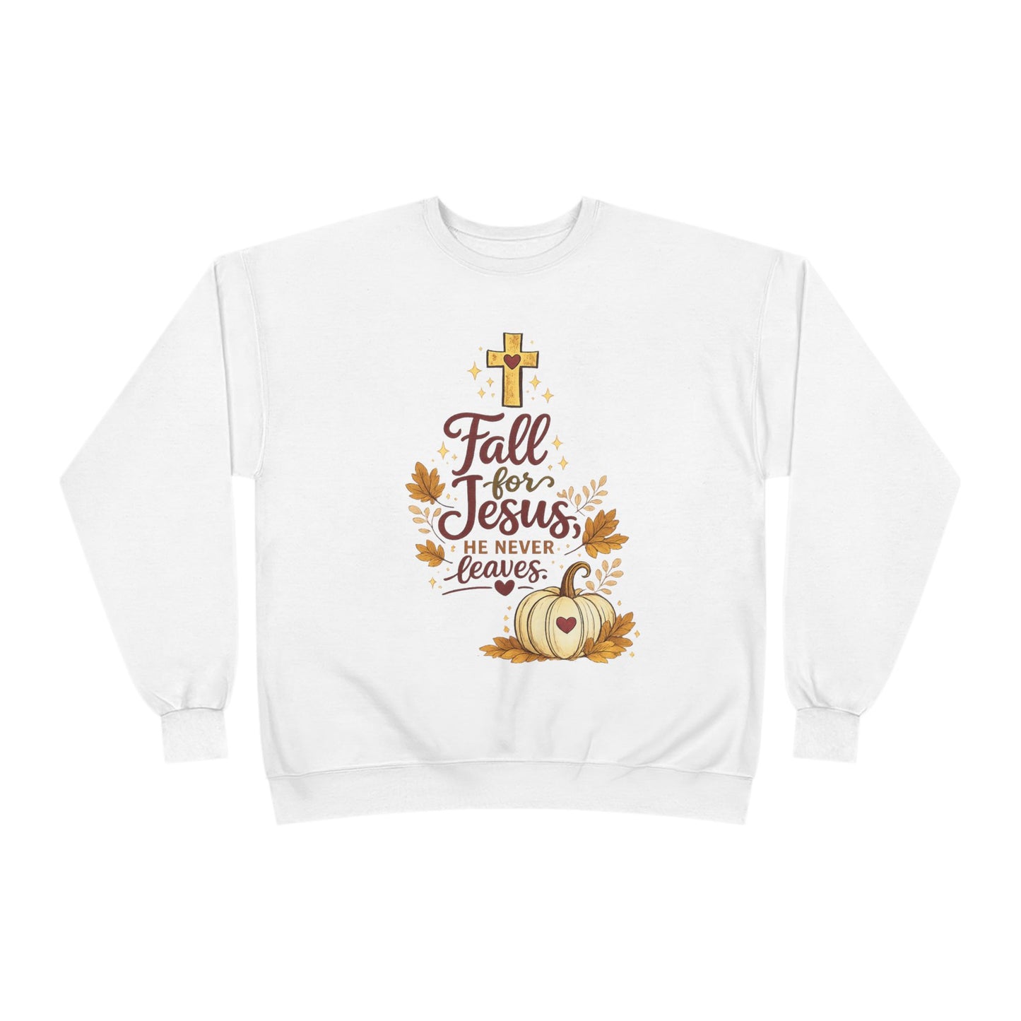 Christian Fall Sweatshirt — "Fall for Jesus He Never Leaves" Crewneck
