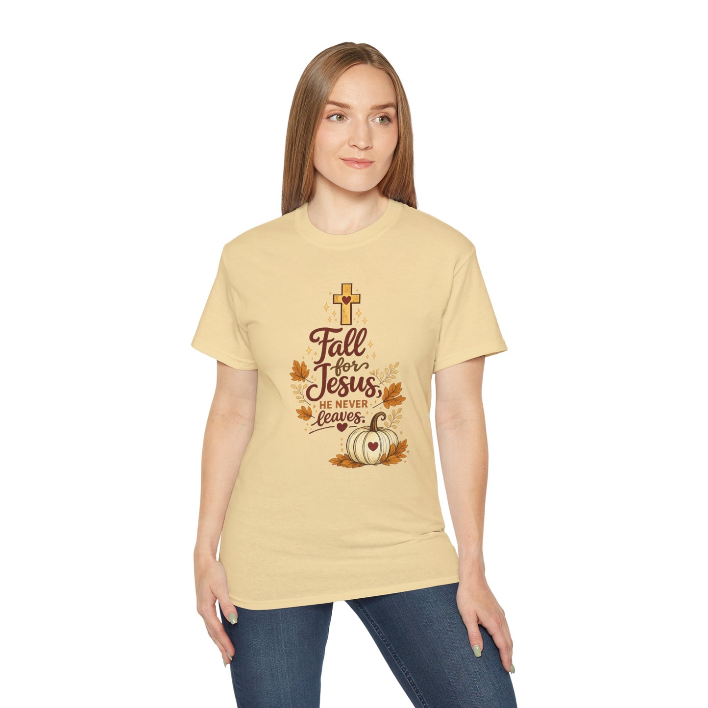 Fall for Jesus Tee — He Never Leaves Autumn Christian T-Shirt