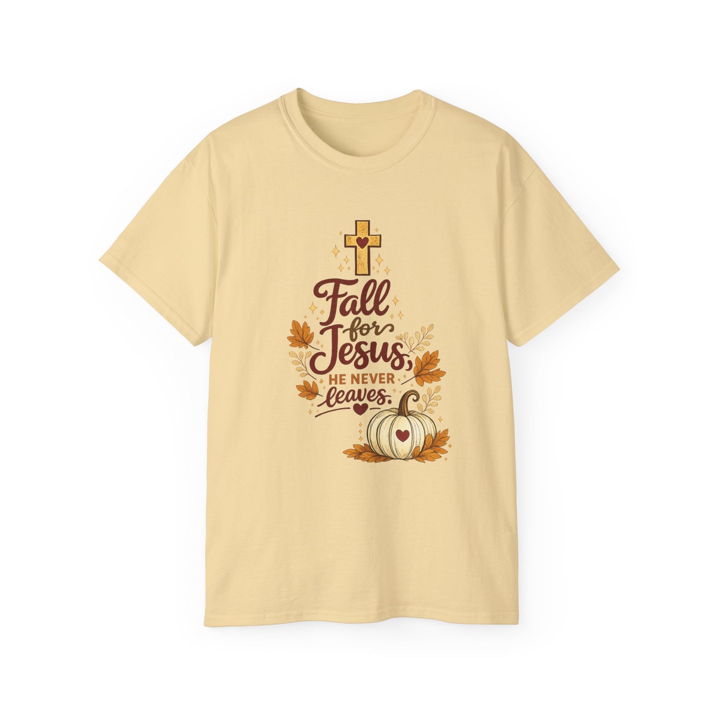 Fall for Jesus Tee — He Never Leaves Autumn Christian T-Shirt