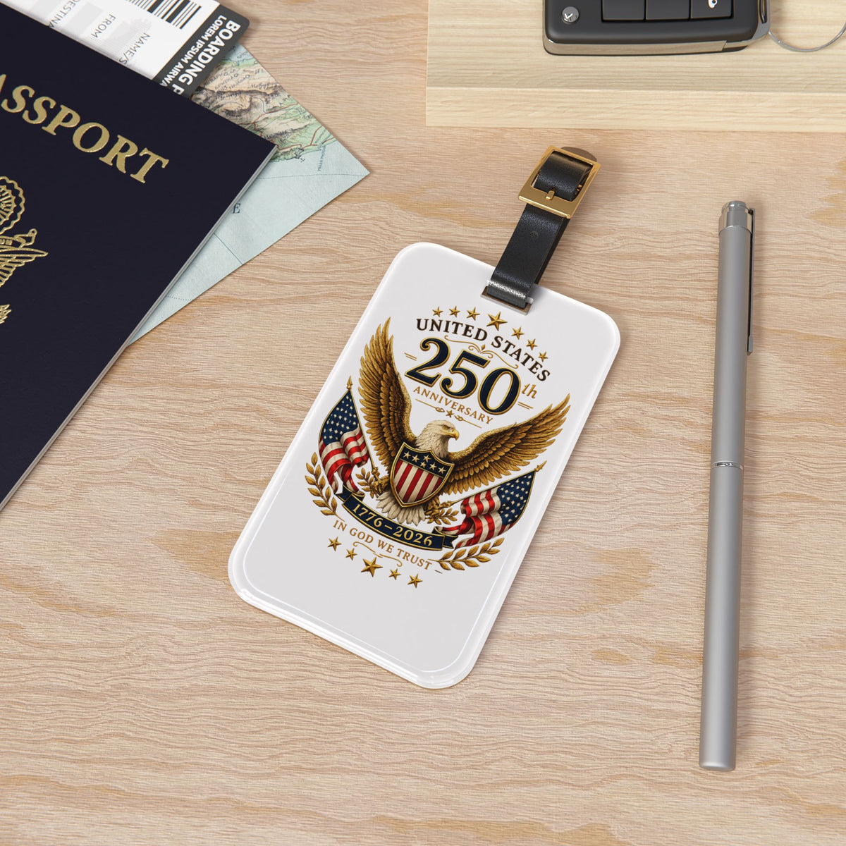 250th Anniversary USA Eagle Luggage Tag — Patriotic Travel ID (In God We Trust)