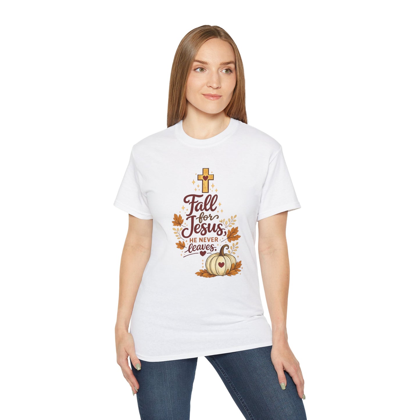 Fall for Jesus Tee — He Never Leaves Autumn Christian T-Shirt