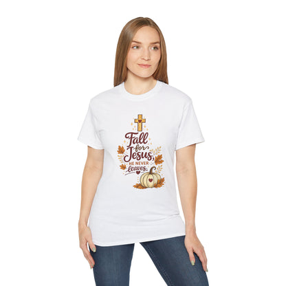Fall for Jesus Tee — He Never Leaves Autumn Christian T-Shirt