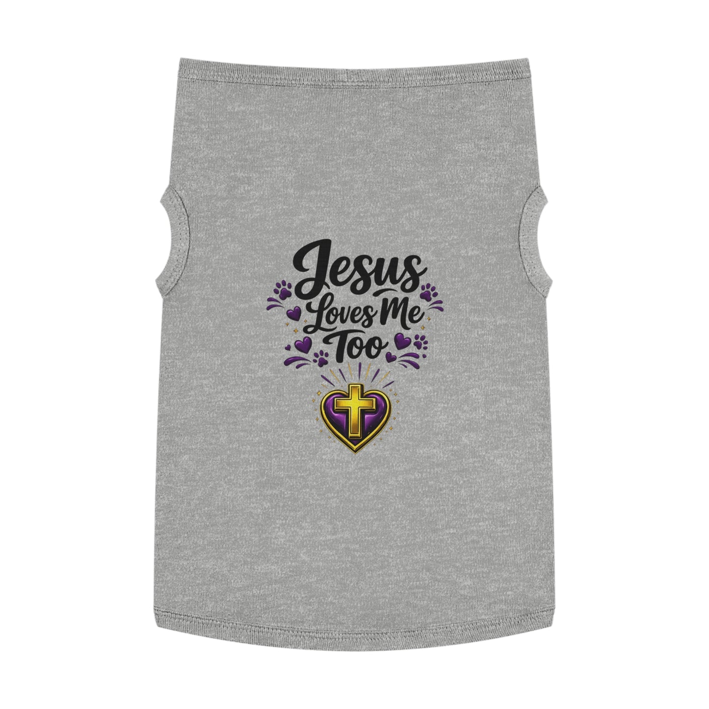 Pet Tank: "Jesus Loves Me Too" Christian Dog Shirt with Cross Heart Design