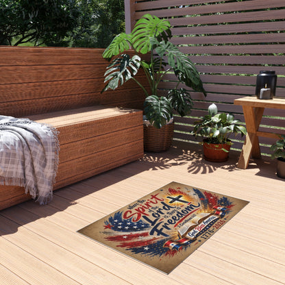 Patriotic Faith Outdoor Rug — “Where the Spirit of the Lord is, There is Freedom” (God Bless America 1776–2026)