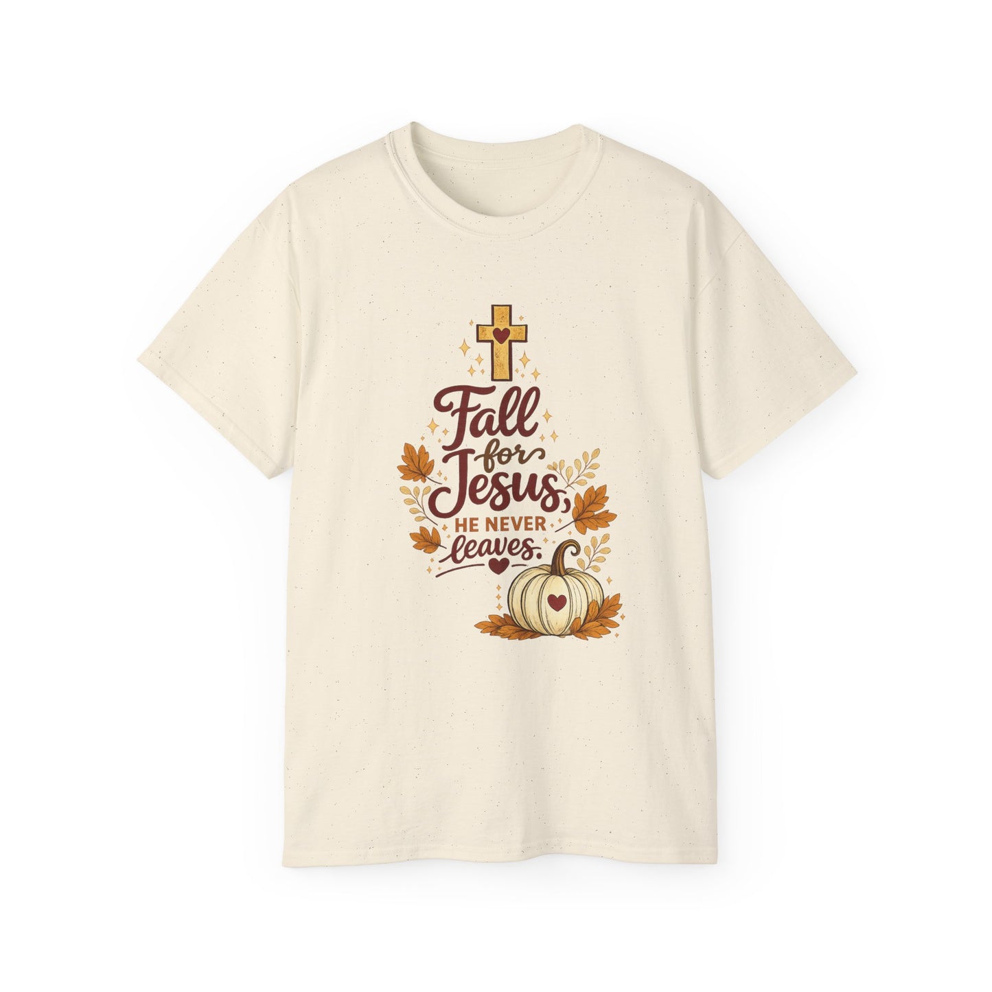 Fall for Jesus Tee — He Never Leaves Autumn Christian T-Shirt