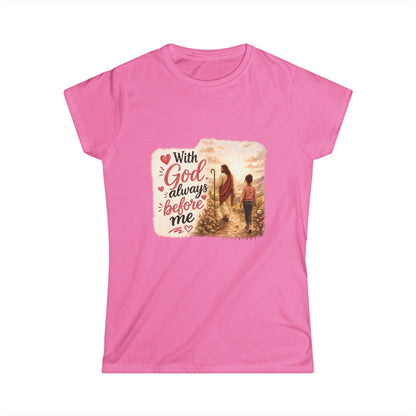 With God Before Me - Women's Softstyle Tee — Minimal White Crewneck T-Shirt