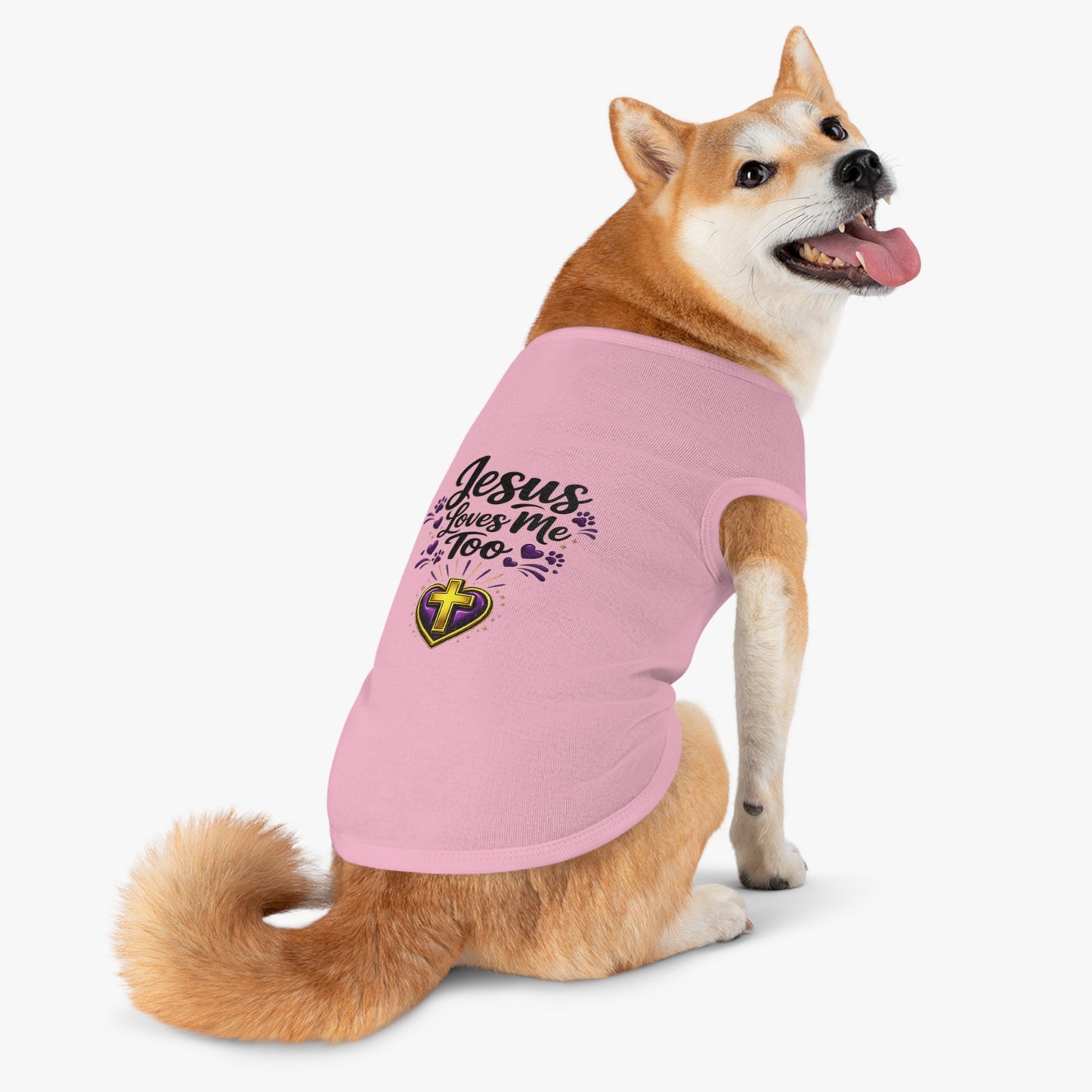 Pet Tank: "Jesus Loves Me Too" Christian Dog Shirt with Cross Heart Design