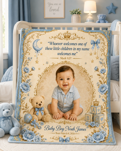 Personalized Photo Velveteen Blanket — Baby Boy Custom Name & Date with Scripture Mark 9:37
