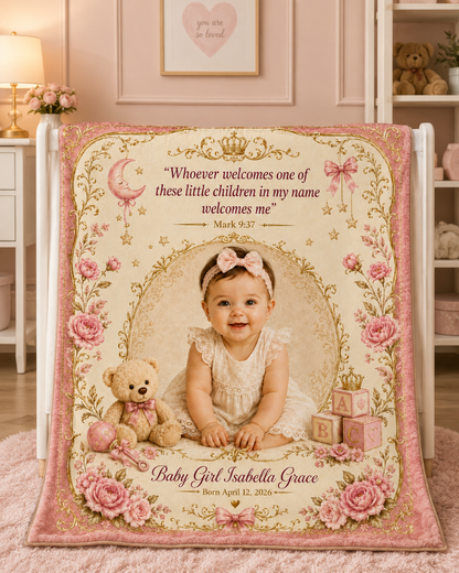 Personalized Photo Velveteen Blanket — Baby Girl Custom Name & Date with Mark 9:37 Scripture