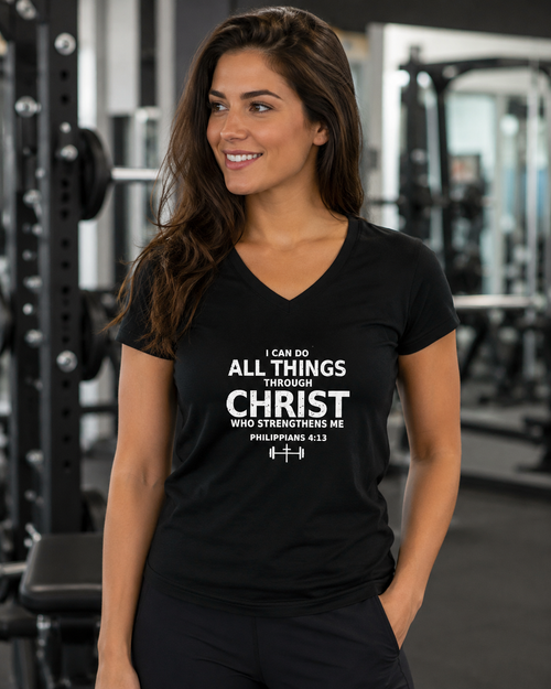 Women’s V‑Neck Christian  Workout T‑Shirt – “I Can Do All Things Through Christ” Philippians 4:13