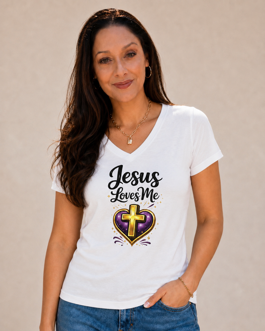 Jesus Loves Me Pet Mom V-Neck Tee — Women's Christian Faith Shirt with Cross Heart