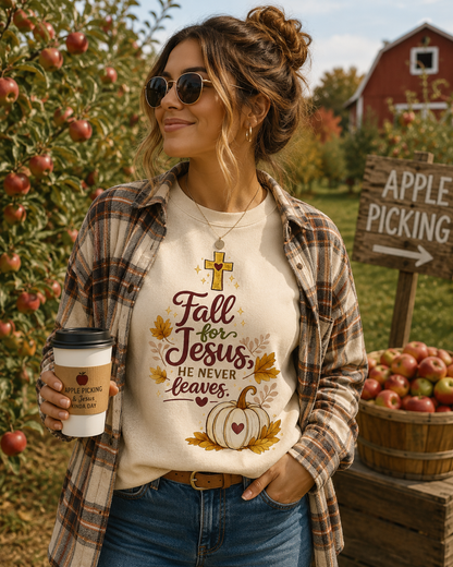 Christian Fall Sweatshirt — "Fall for Jesus He Never Leaves" Crewneck