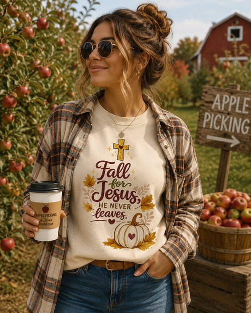 Christian Fall Sweatshirt — "Fall for Jesus He Never Leaves" Crewneck