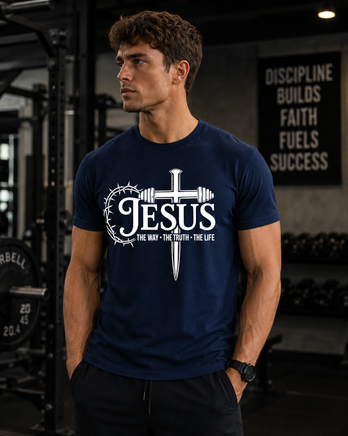 Unisex Jesus Barbell-Cross T-Shirt — Crown of Thorns Faith Tee
