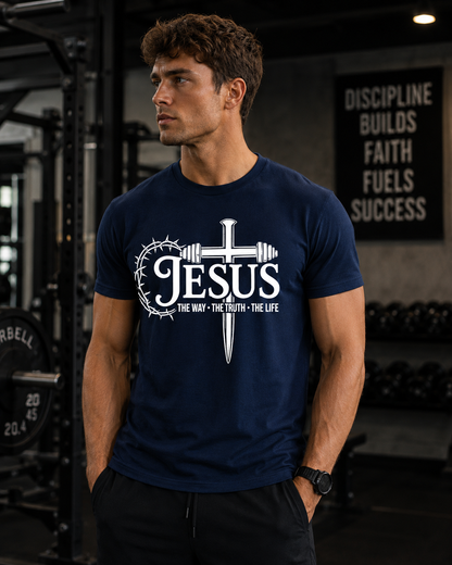 Unisex Jesus Barbell-Cross T-Shirt — Crown of Thorns Faith Tee