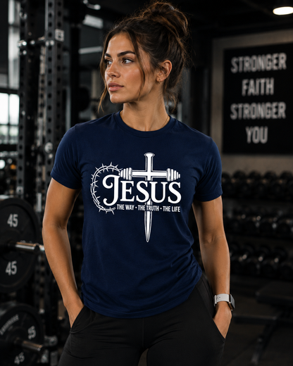 Unisex Jesus Barbell-Cross T-Shirt — Crown of Thorns Faith Tee