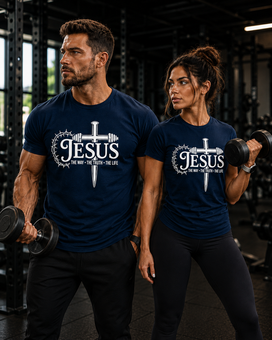 Unisex Jesus Barbell-Cross T-Shirt — Crown of Thorns Faith Tee