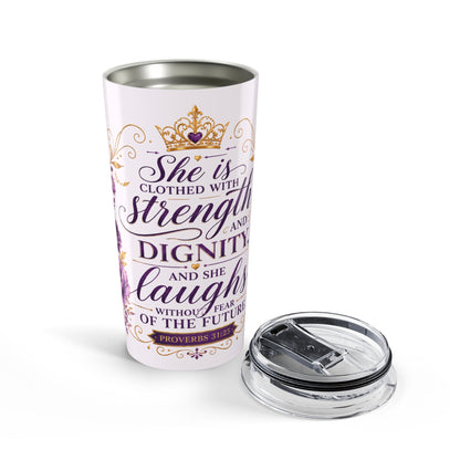 Purple - 20oz Inspirational Tumbler — "She Is Clothed with Strength and Dignity" Christian Verse Travel Mug