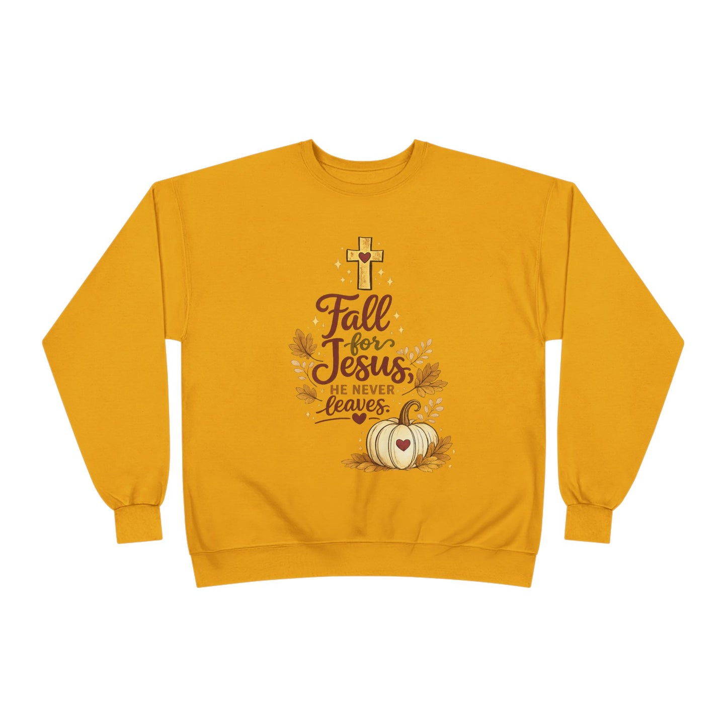 Christian Fall Sweatshirt — "Fall for Jesus He Never Leaves" Crewneck