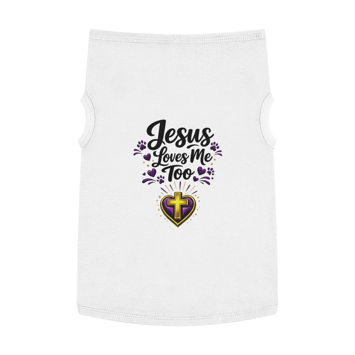 Pet Tank: "Jesus Loves Me Too" Christian Dog Shirt with Cross Heart Design
