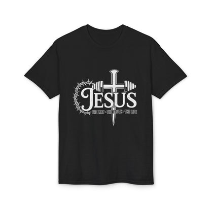 Jesus Cross & Barbell T-Shirt — "The Way • The Truth • The Life" Christian Fitness Tee