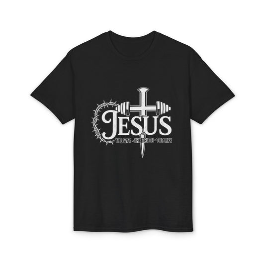 Jesus Cross & Barbell T-Shirt — "The Way • The Truth • The Life" Christian Fitness Tee
