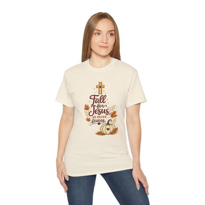 Fall for Jesus Tee — He Never Leaves Autumn Christian T-Shirt