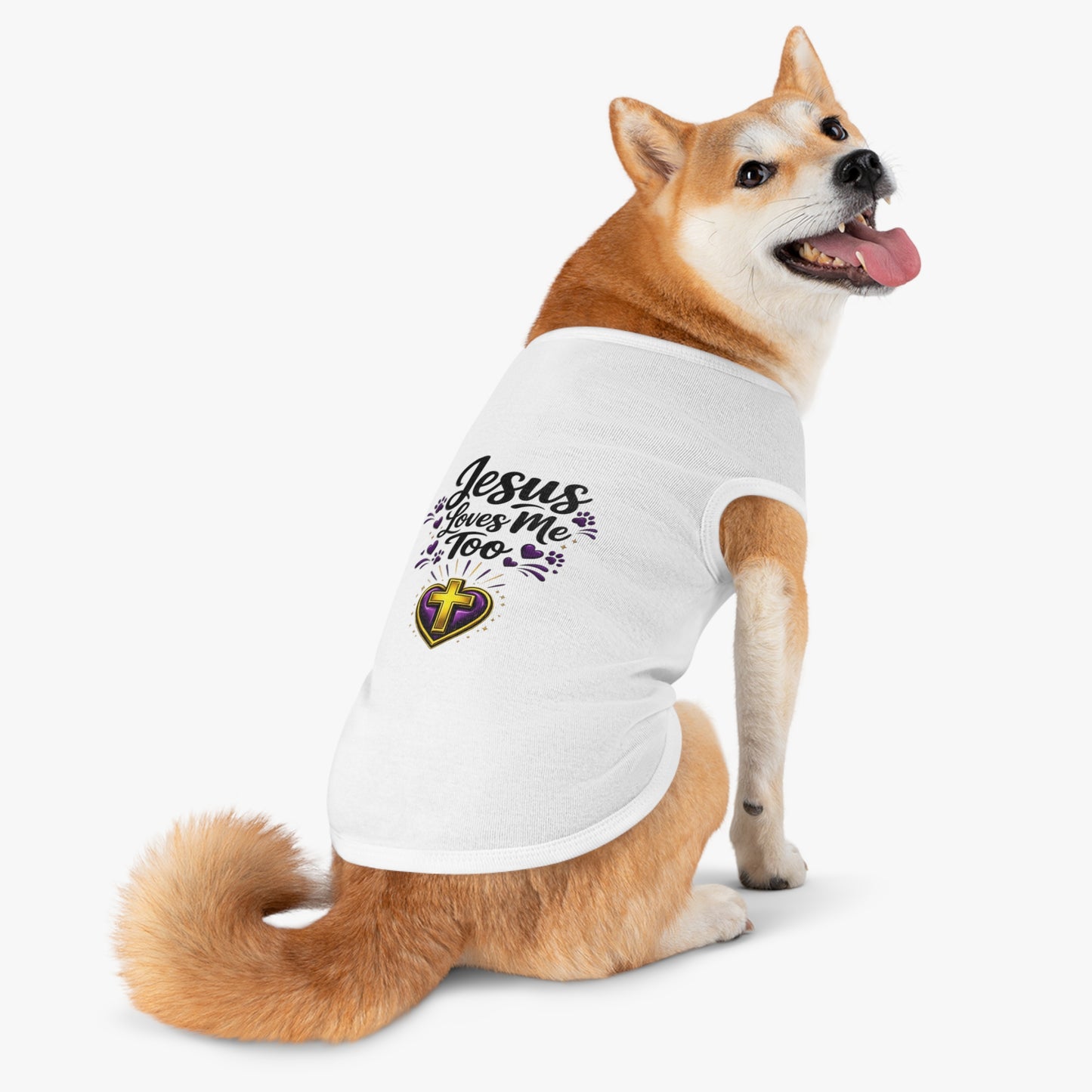 Pet Tank: "Jesus Loves Me Too" Christian Dog Shirt with Cross Heart Design