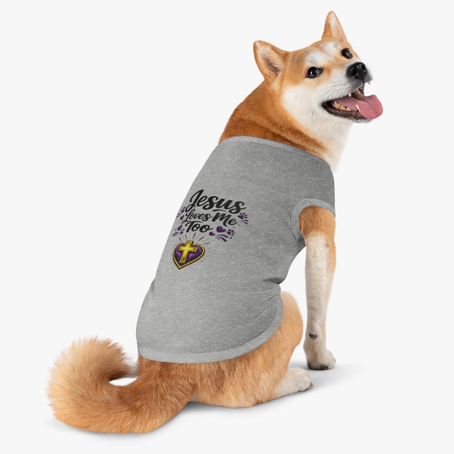 Pet Tank: "Jesus Loves Me Too" Christian Dog Shirt with Cross Heart Design