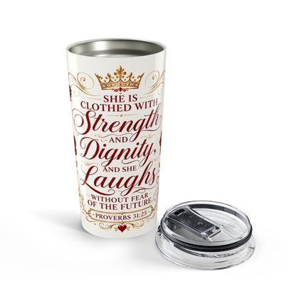 Red 20oz Inspirational Tumbler — "She Is Clothed with Strength and Dignity" Christian Verse Travel Mug
