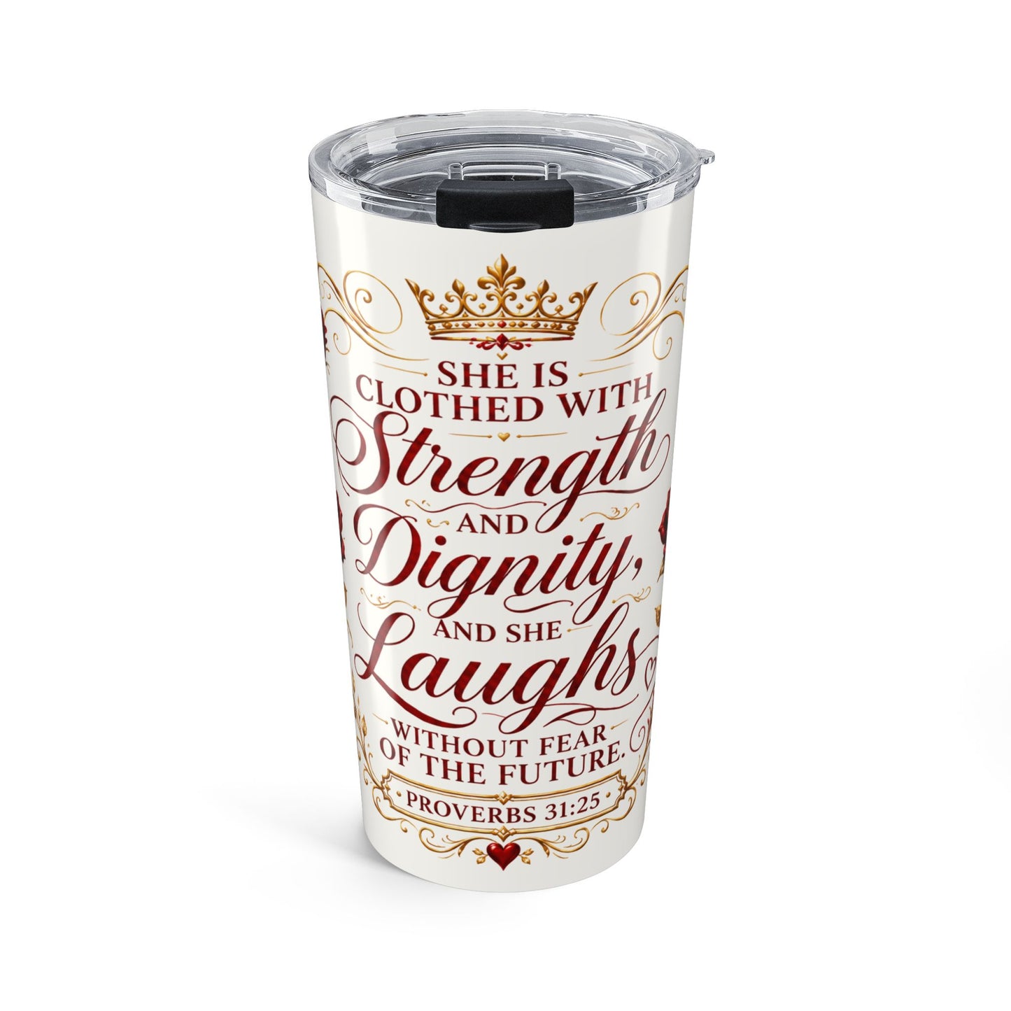 Red 20oz Inspirational Tumbler — "She Is Clothed with Strength and Dignity" Christian Verse Travel Mug