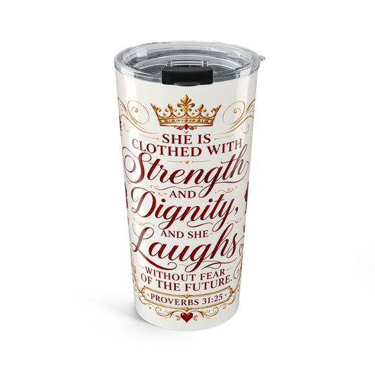 Red 20oz Inspirational Tumbler — "She Is Clothed with Strength and Dignity" Christian Verse Travel Mug